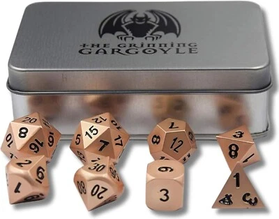 THE GRINNING GARGOYLE Brass DnD Metal Dice| Polyhedral Game Dice | Dungeons And Dragons Dice Set + Tin