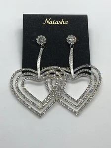 NWT NATASHA Silver Tone CZ Crystal Stones Lead Compliant Heart Drop Earrings - Picture 1 of 3