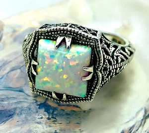 Vintage Style 925 Solid Sterling Silver Lab Created Opal Filigree Ring 1358 - Picture 1 of 3