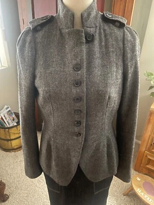 Blazer Chaqueta Militar Zara Diseñador Gris Oscuro Mezcla Lana Espiga - Talla Mediano Foto 1 de 4