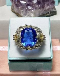 Unique Cocktail Ring. Blue Sapphire, Citrine, Tourmaline & White CZ Ring - Picture 1 of 3