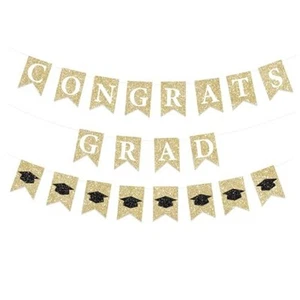Congrats Grad Banner Gold Glitter Graduation Party Banner Garland Grad - Picture 1 of 8