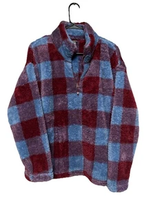 Eddie Bauer Women's Plush 1/4 Zip Pullover Plaid Blue Maroon Soft XL NWT - Picture 1 of 8