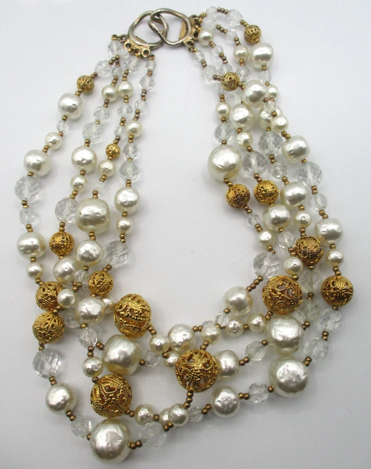 COLLAR RJ GRAZIANO LLAMATIVO ~ 4 HEBRAS PERLAS DE IMITACIÓN, TONO DORADO, CUENTAS DE CRISTAL Foto 1 de 4