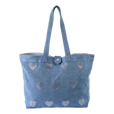 DG2 Diane Gilman Crystal Heart Oversized Denim Tote Bag Midtone Denim Blue *New* - Image 1 of 2