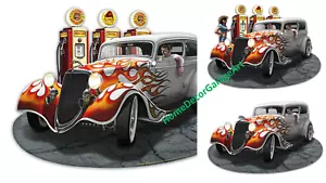 1934 Sedan Hot Rod Gas Pumps Girl Metal Sign Vintage Style Garage Art - Picture 1 of 8