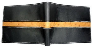 CARTERA DE CUERO DE BECERRO CURTIDA VEGETAL BLOQUEO RFID DOBLE PLIEGUE AVESTRUZ Negra NUEVA - Imagen 1 de 9