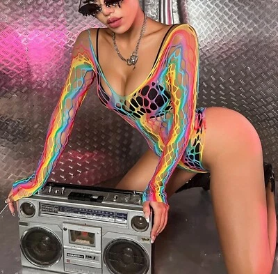 Women's Lingerie, Rainbow Net Bodysuit V Neck Plunge Collar, Mesh Bodysuit - Image 1 of 3