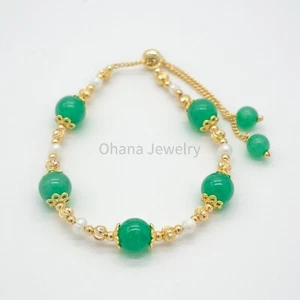 Natural Green Jade Freshwater Pearl Adjustable Copper Bracelet - 5 Jade Beads - Picture 1 of 1