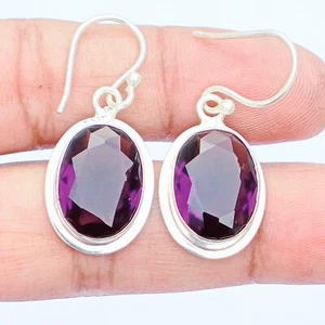 Purple Amethyst Gemstone Handmade Dangle Erring 925 Sterling Silver Drop Earring - Picture 1 of 4