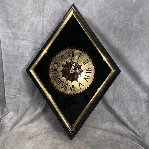 Vintage 1970s  Hollywood Regency Style Diamond Shaped Mirrored Wall Clock WORKS! Cover