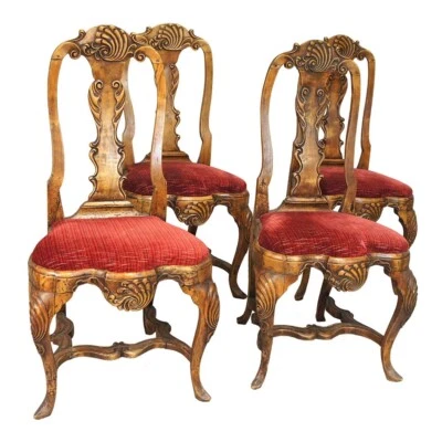 Set 4 Antique Scandinavian Rococo Birch Upholstered Dining Side Chairs c. 1760 - Image 1 of 4