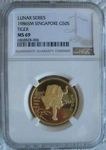 Singapore 1986 1/2oz Gold 50 Singold NGC MS-69 Lunar Series -Tiger - Picture 1 of 3