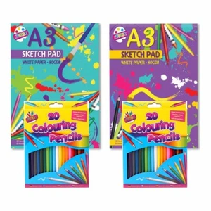 2 x A3 Sketch Pad 30 Sheets With 40 Pencil Colour For Kids Adults Drawing School - Picture 1 of 21