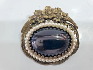 Vintage große gewölbte schwarze Onyx Brosche goldfarben 5019/10 - Bild 1 von 8