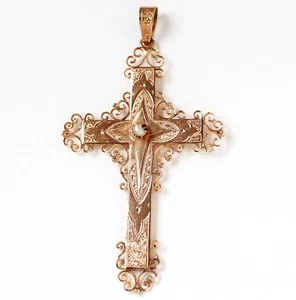 Antiker Kreuz Anhänger 560 Gold Rotgold Perle 2,3g Russland 1840/1860 Handarbeit - Picture 1 of 3