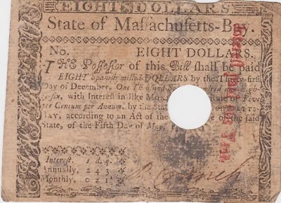W1235 MASSACHUSETTS BAY 1780  INTEREST PAID EIGHT SPANISH  DOLLAR CANCELED NOTE - Image 1 of 3