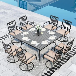 9 Piece Patio Dining Set Outdoor Furniture Set 60" Table Swivel Chair w/ Cushion - Picture 1 of 10
