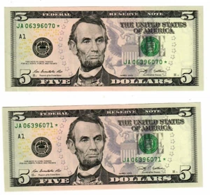 (LOT OF 2) $5 2009 FRN SEQUENTIAL STAR NOTES UNCIRCULATED ~ NICE PAIR - Picture 1 of 2