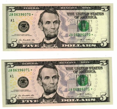(LOT OF 2) $5 2009 FRN SEQUENTIAL STAR NOTES UNCIRCULATED ~ NICE PAIR - Image 1 of 2
