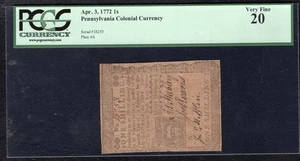 APRIL 3, 1772 1s ONE SHILLING PENNSYLVANIA COLONIAL CURRENCY PCGS VERY FINE-20 - Picture 1 of 2