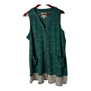 LOGO by Lori Goldstein Top Green Blouse Botton Lace Trim Space Dye Sleeveless 1X - Picture 1 of 4