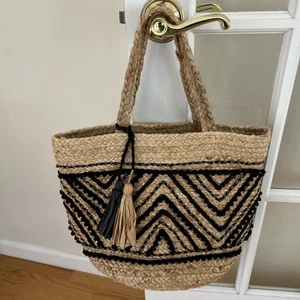 CHICO'S BEUTELTASCHE BOMMEL JUTE SCHWARZ ZICKZACK VERZIERT - Bild 1 von 11