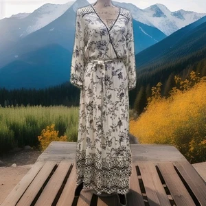 Knox Rose Large Dress Black Cream Floral Romantic Elastic Waist Maxi 3/4 Sleeve - Picture 1 of 8