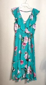 Socialite Midikleid Damen M Grün Blumen Faux Wickel High Low Rüschen Ärmellos - Bild 1 von 17