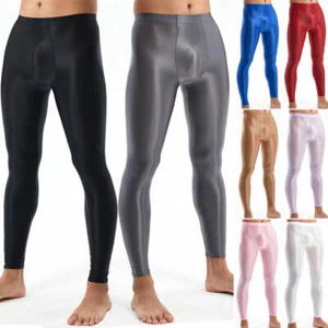 Men's Satin Shiny Bulge Pouch Underwear Tight Leggings Long Johns Pants Trousers - Picture 1 of 32