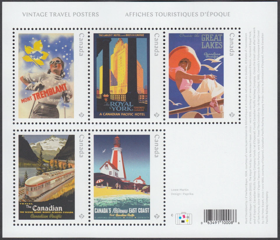Canada  - #3333 Vintage Travel Posters Souvenir Sheet - 2022 - MNH - Image 1 of 1