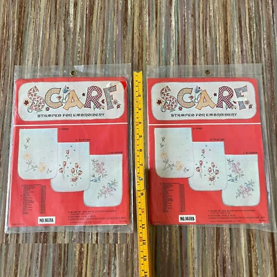 Stamped Cotton Fabric ROSES + TULIPS for Table Runner Dresser Scarf Vtg Set of 2 - Image 1 of 4