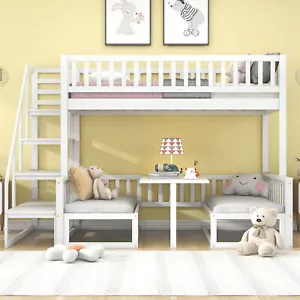 Platzsparendes Etagenbett Hochbett mit verstellbarem Tisch Stuhl Kiefer Holzsofa - Bild 1 von 15