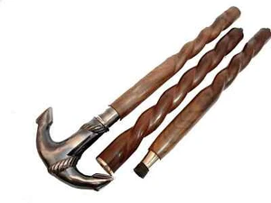 SOLID BRASS DESIGN HANDLE WALKING STICK CANE, WOODEN BROWN STICK SOLID ANCHOR - Picture 1 of 3
