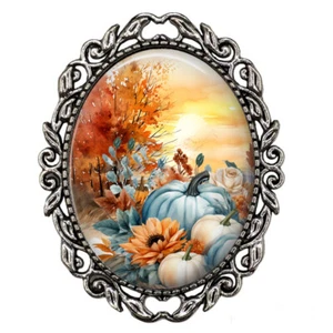 Autumn Harvest at Sunset Brooch Pumpkins Fall Flowers & Trees Watercolor Print - Picture 1 of 5