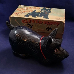 Clever Puppy Wind Up Tin Toy - w/ Box - Black Dog - T.N Nomura - Japan - Vintage - Picture 1 of 10