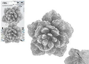 Set Di 2 Fiori Glitter Con Clip Decorazioni Per Albero Di Natale - Argento - Foto 1 di 1