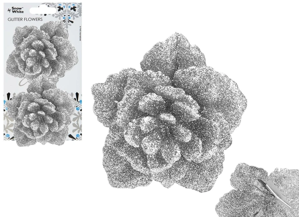Set Di 2 Fiori Glitter Con Clip Decorazioni Per Albero Di Natale - Argento - Immagine 1 di 1