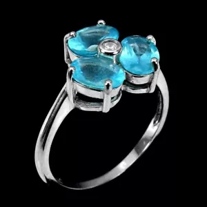 Silver Ring Blue Apatite Genuine Natural Gems Solid Sterling Size Q US 8.25 - Picture 1 of 24