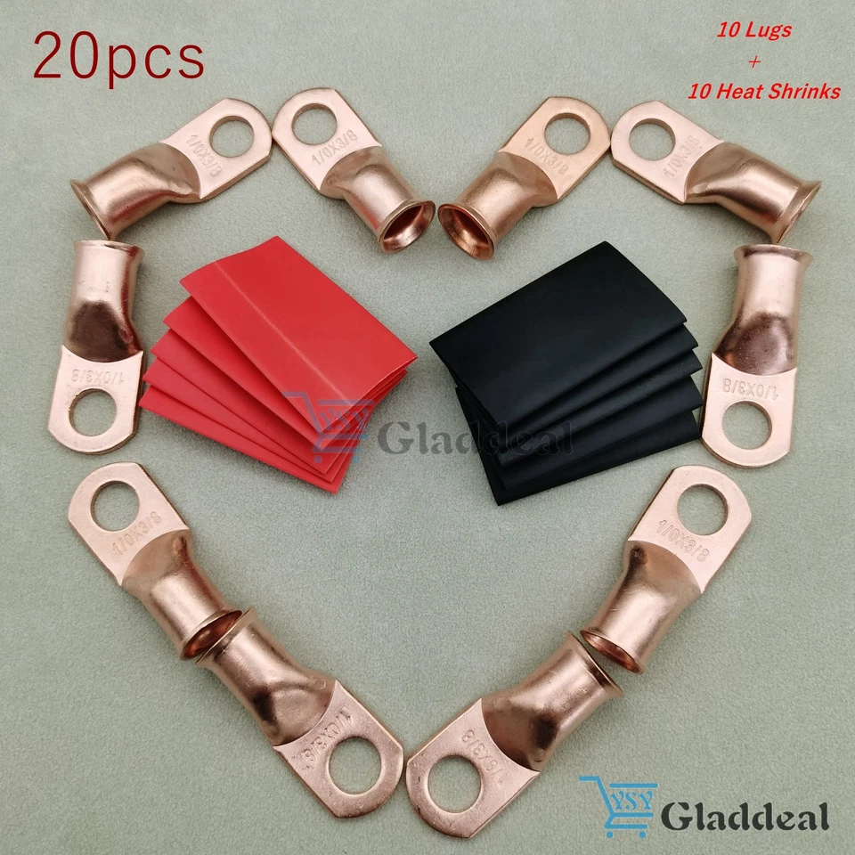 20PCS 1/0 AWG Gauge Copper Lugs W/ BLACK & RED Heat Shrink Ring Terminals Wire - Image 1 of 4