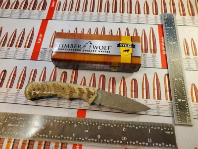 Timber Wolf Damascus 3" folding Knife Plastic Bone Handles 6" Overall - Image 1 of 4