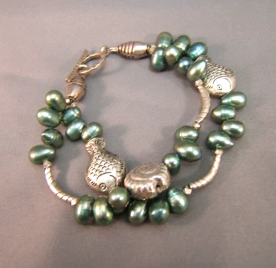 NEW Sterling Silver  Pearl Shell Fish  Bracelet Handcrafted - Image 1 of 4