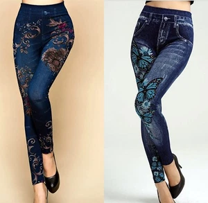 Women Faux Denim Jeans look Butterfly Flower Pencil Slim Leggings Jegging Pants - Picture 1 of 20