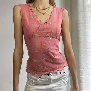 Vintage Y2k Sheer Mesh Pink Paisley Print Embroidered Sequin Ruffle Top Fairy - Picture 1 of 4