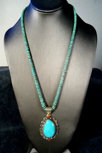 25" Heishi Bead Necklace w/ Turquoise & Sterling Silver Pendant, Signed ELIJIO - Picture 1 of 9