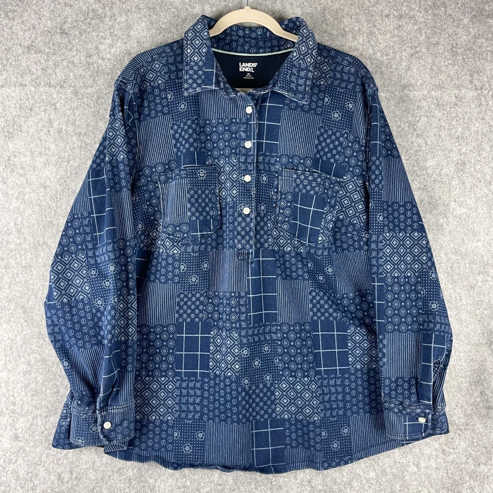Top túnica de mezclilla elástica Lands End para mujer 2X azul estampado de retazos pesado artístico Foto 1 de 4
