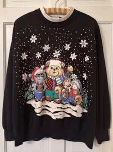 Vtg 90s Christmas Holiday Ugly Sweatshirt Grannycore Bears Racoon Sweater XL - Picture 1 of 6