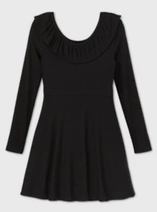 New Girls' Rib Ruffle Neck Long Sleeve Dress Black By Art Class Shirtdress Sz S - Picture 1 of 2