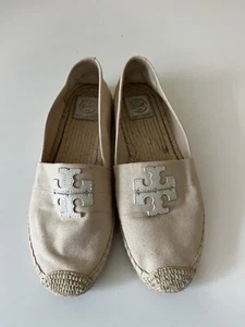 Tory Burch Weston Flat Espadrilles Metallic Linen / Leather Size 10 Summer Beach - Picture 1 of 14