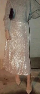 H&M Conscious Sparkly Blush Light Pink Sequin Midi Swing Skirt 10 Bnwt - Picture 1 of 3